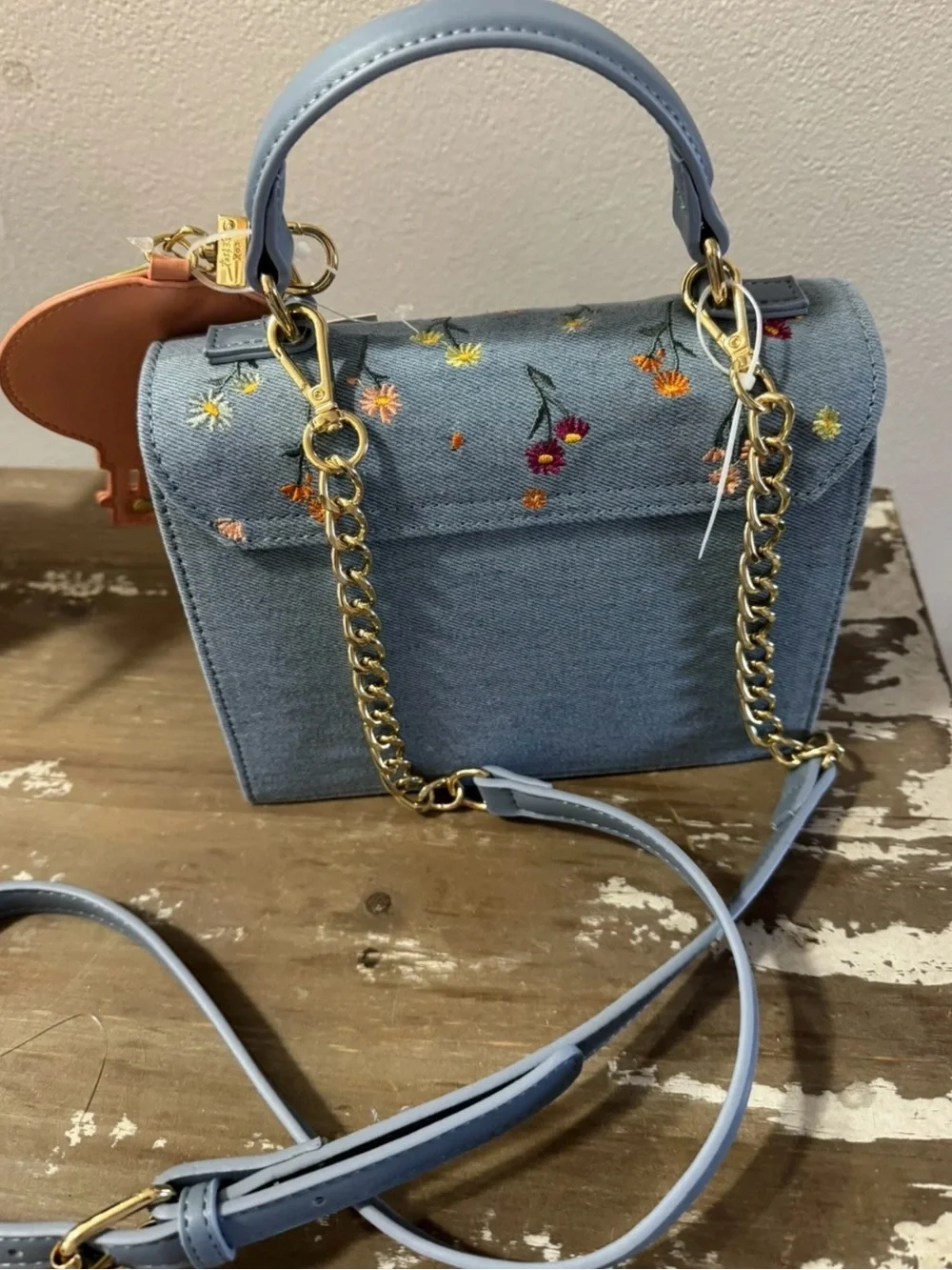 NWT Betsey Johnson Denim Floral Embroidered Handbag Satchel Crossbody Bag Charm - Picture 6 of 6